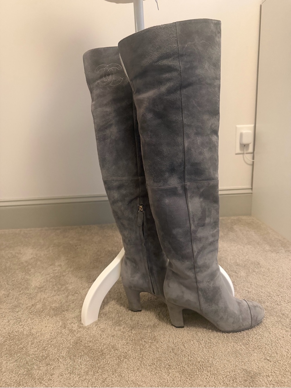 CHANEL Gray Suede Over-the-Knee Heeled Boots